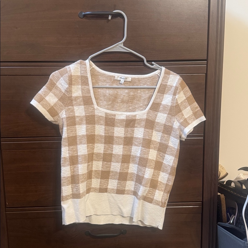 Madewell Tan and Cream Checkered Knit Top